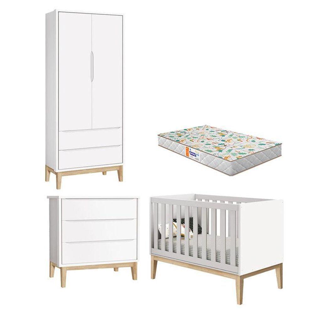 Quarto De Bebê 2 Portas E Cômoda Gaveteiro New Classic Branco Com Pés Madeira Natural E Colchão Gazin ? Reller - 1