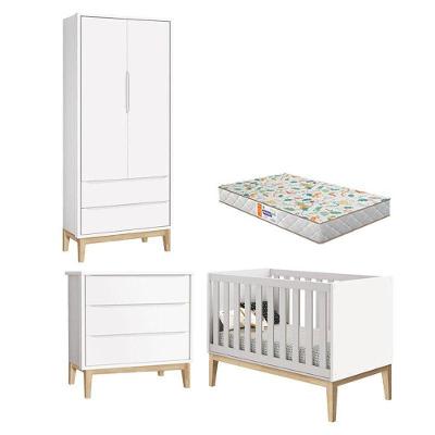 Quarto De Bebê 2 Portas E Cômoda Gaveteiro New Classic Branco Com Pés Madeira Natural E Colchão Gazin ? Reller