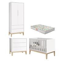 Quarto De Bebê 2 Portas E Cômoda Gaveteiro New Classic Branco Com Pés Madeira Natural E Colchão Gazin ? Reller - 1