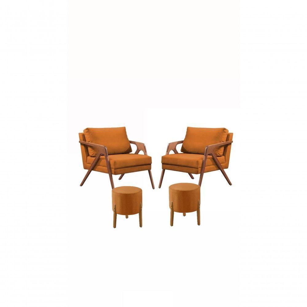 Conj. 2 Mona Com 2 Puff Madeira Maciça Veludo Cor:terracota - 1