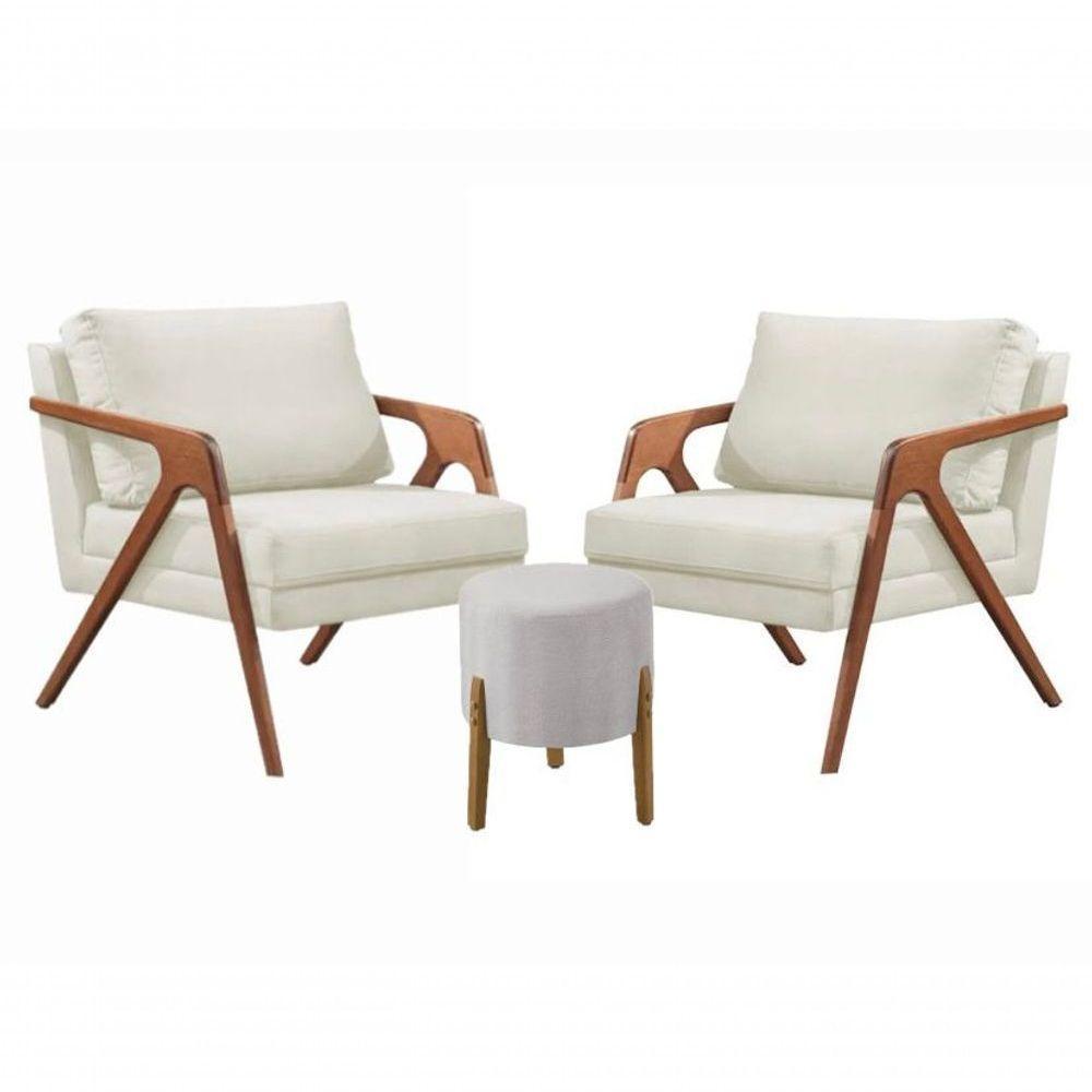 Conj. 2 Mona Com 1 Puff Madeira Maciça Linho Crú - 1