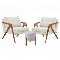 Conj. 2 Mona Com 1 Puff Madeira Maciça Linho Crú - 1