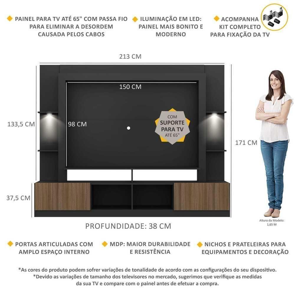 Estante Com Suporte Tv 65" E Leds Berlim Multimóveis V3384 Preta/Madeirada Preto/Madeirado - 6