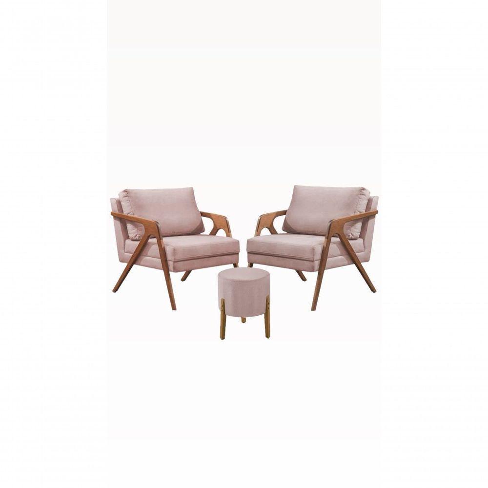 Conj. 2 Mona Com 1 Puff Madeira Maciça Veludo Moderna Cor:rose - 1