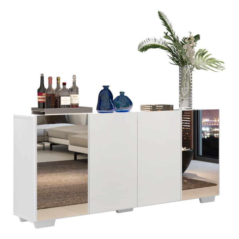 Aparador Buffet 4 Portas Com Espelho E Pés Quadrados Vegas V3563 Branco Branco - 1