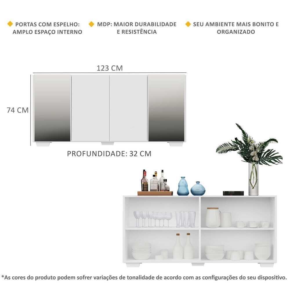 Aparador Buffet 4 Portas Com Espelho E Pés Quadrados Vegas V3563 Branco Branco - 6