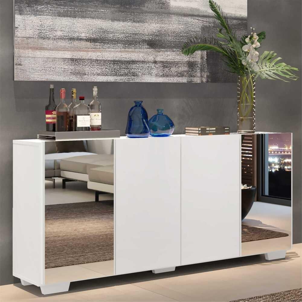 Aparador Buffet 4 Portas Com Espelho E Pés Quadrados Vegas V3563 Branco Branco - 7