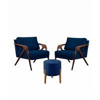 Conj. 2 Mona Com 1 Puff Madeira Maciça Veludo Moderna Cor:azul - 1