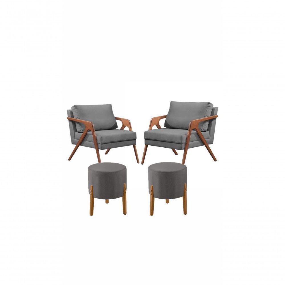 Conj. 2 Mona Com 2 Puff Madeira Maciça Veludo Cor:cinza - 1