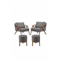 Conj. 2 Mona Com 2 Puff Madeira Maciça Veludo Cor:cinza - 1