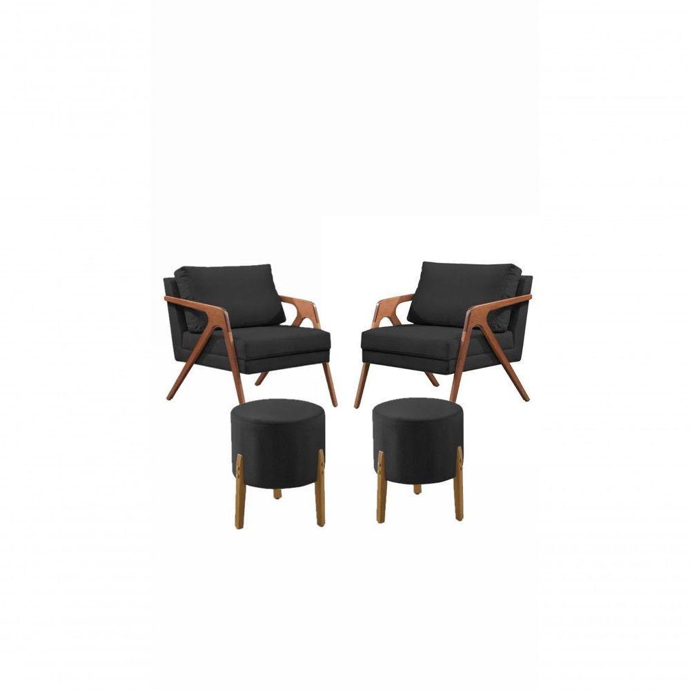 Conj. 2 Mona Com 2 Puff Madeira Maciça Veludo Cor:preto - 1