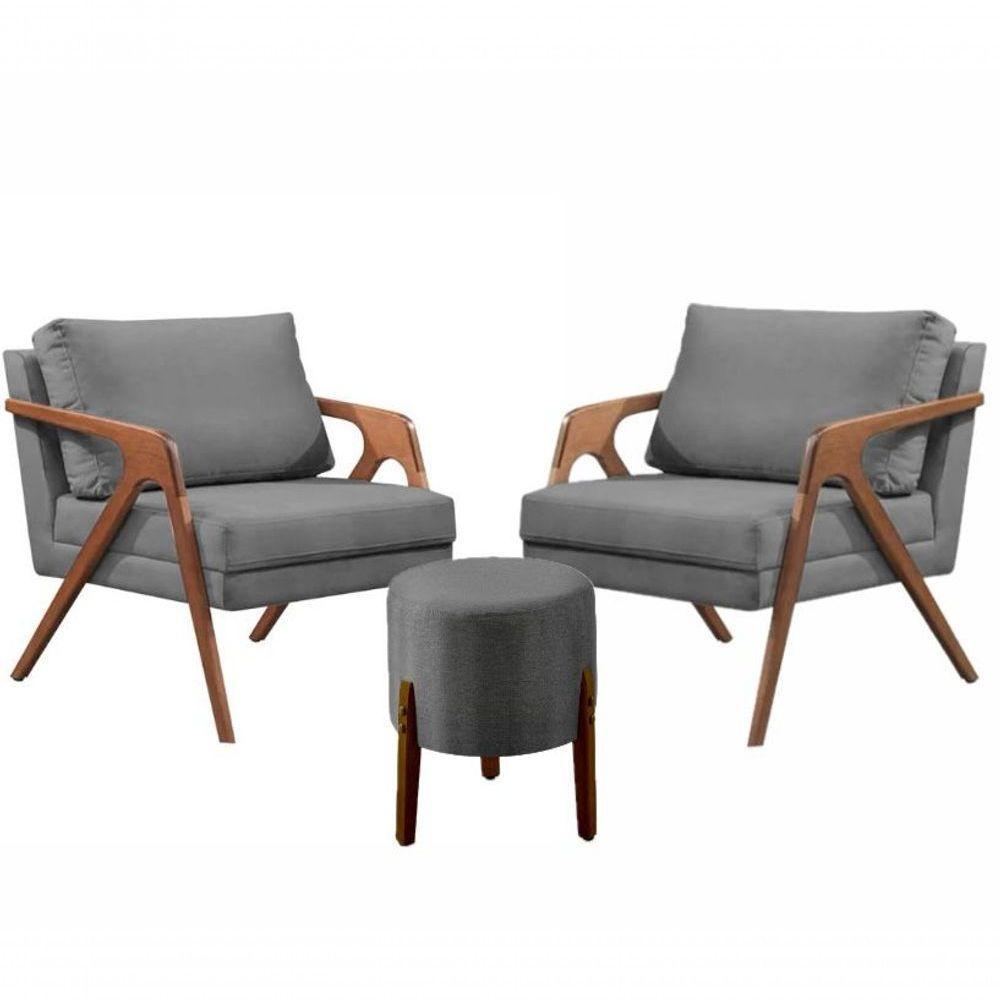 Conj. 2 Mona Com Puff Madeira Maciça Linho Cinza - 1