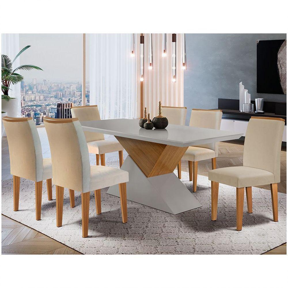 Mesa Tampo Mdf Canto Reto 6 Cadeiras Creme/Off White/Imbuia - 1