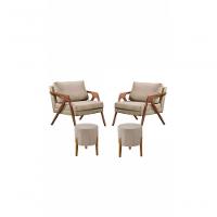 Conj. 2 Mona Com 2 Puff Madeira Maciça Veludo Cor:bege - 1