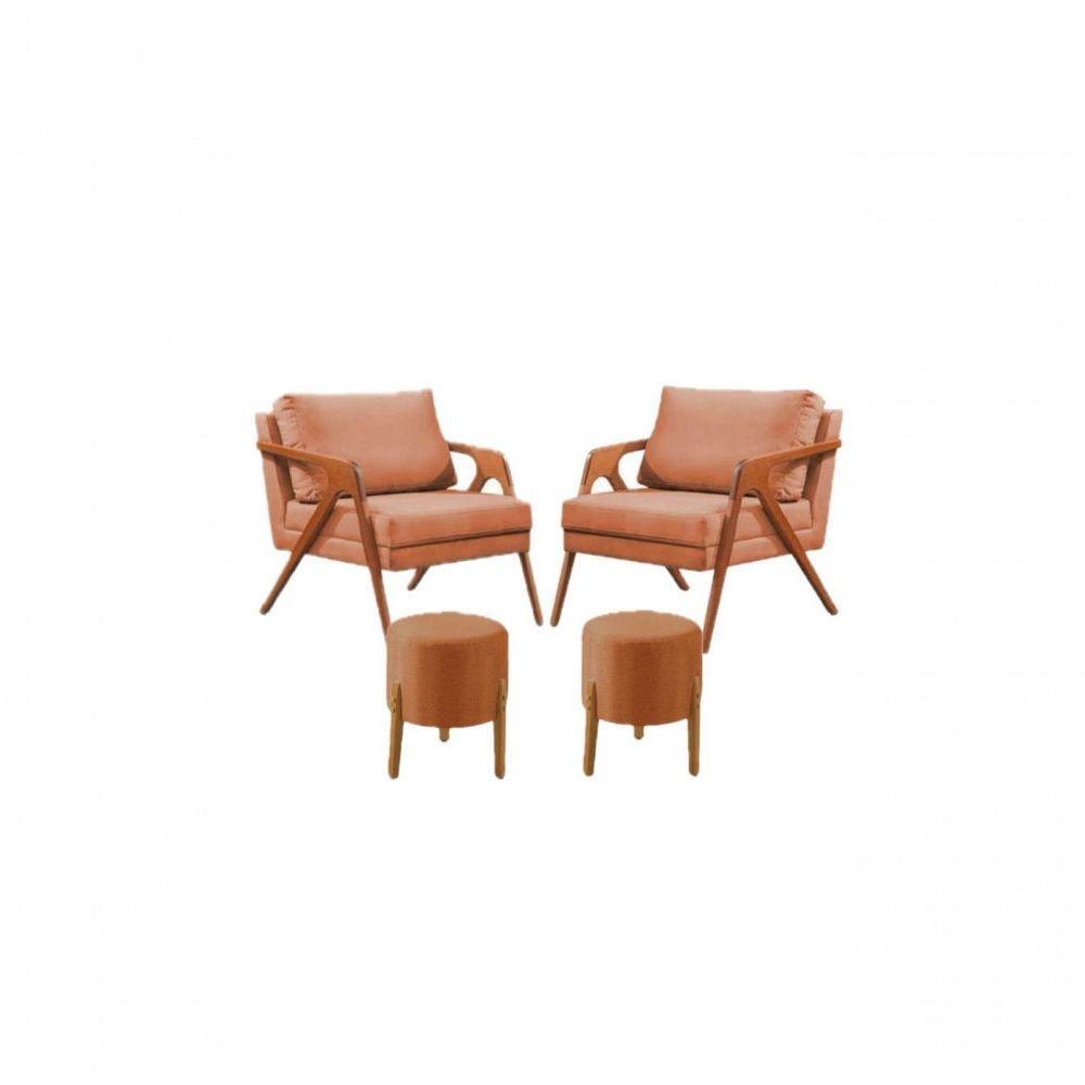 Conj. 2 Mona Com 2 Puff Madeira Maciça Linho Cor:terracota - 1