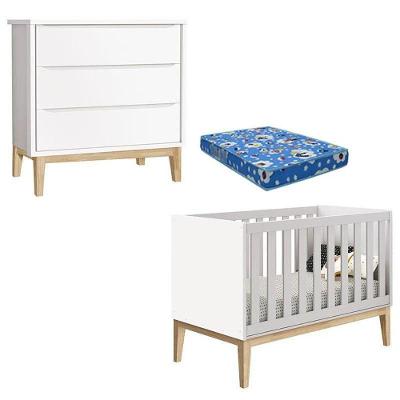 Berço Americano Classic em MDF com Colchão Incluso Branco com Cômoda Gaveteiro