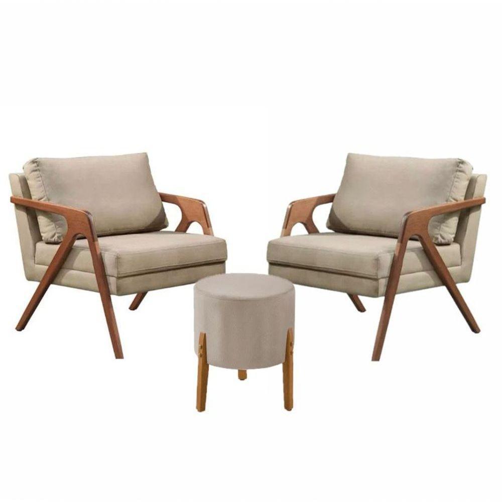 Conj. 2 Mona Com Puff Pés Madeira Maciça Linho Bege - 1