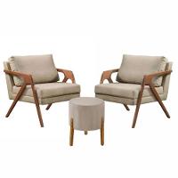 Conj. 2 Mona Com Puff Pés Madeira Maciça Linho Bege - 1