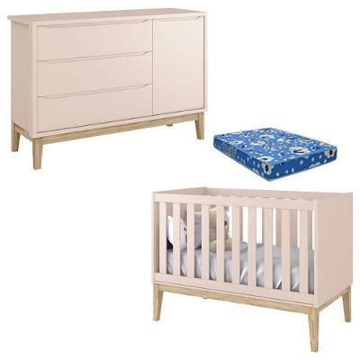 Berço Americano Classic Kit com Colchão e Cômoda em MDF 135cm Rosa Reller