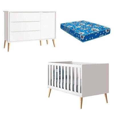 Conjunto Berço Americano Theo MDF com Colchão Espuma Branco Acetinado Pés Madeira Natural