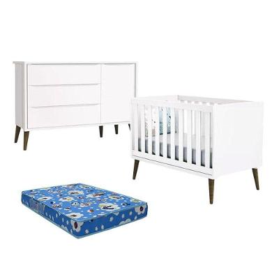Berço Americano Theo em MDF com Colchão e Cômoda Infantil Branco Acetinado