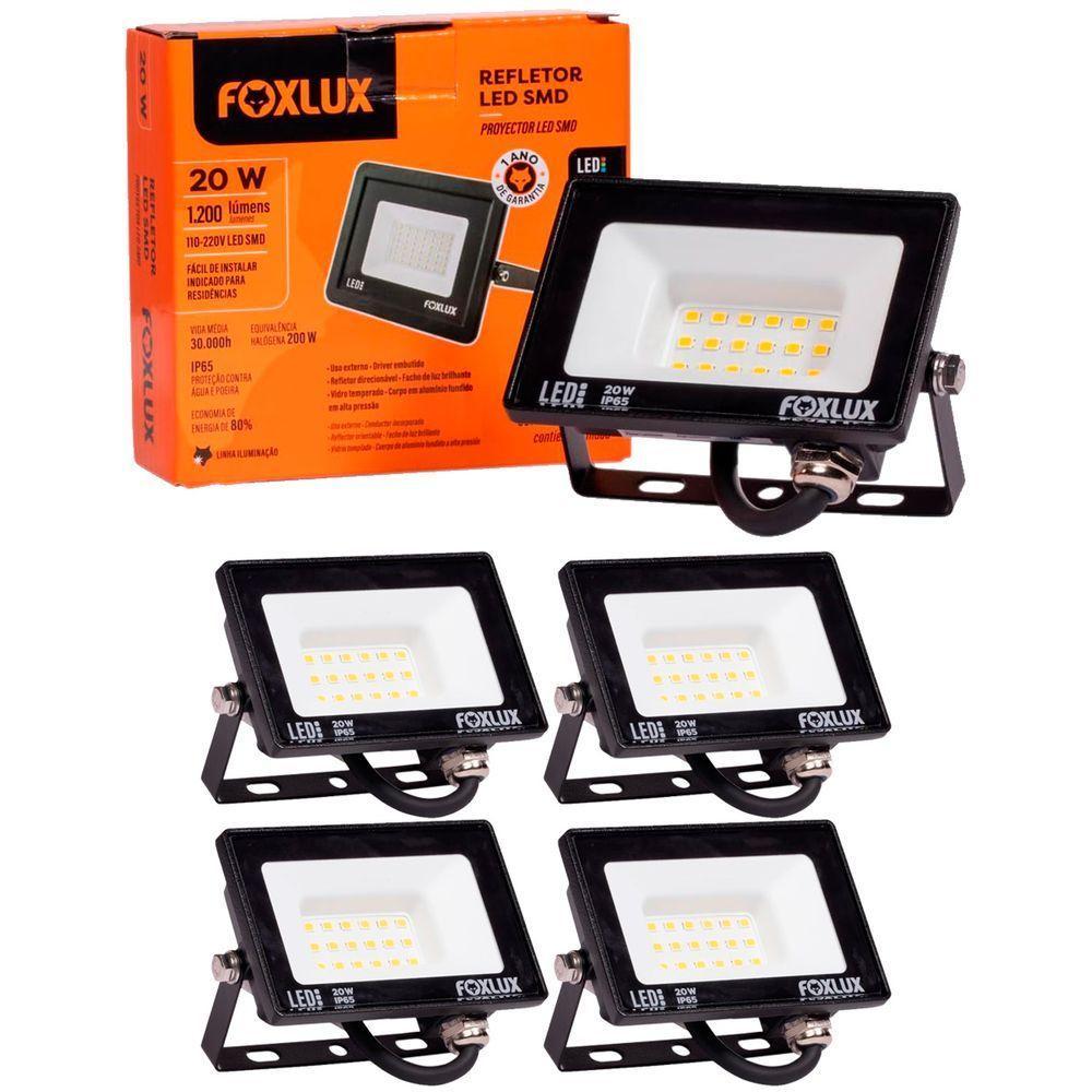 Kit 5 Refletor Led 20w 3000k Preto Bivolt Foxlux - 1