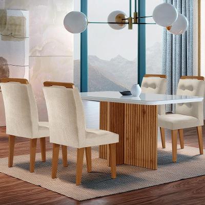 Sala de Jantar Olimpia 4 Lugares Tampo de Vidro Creme Off White e Imbuia Mesa 120cm