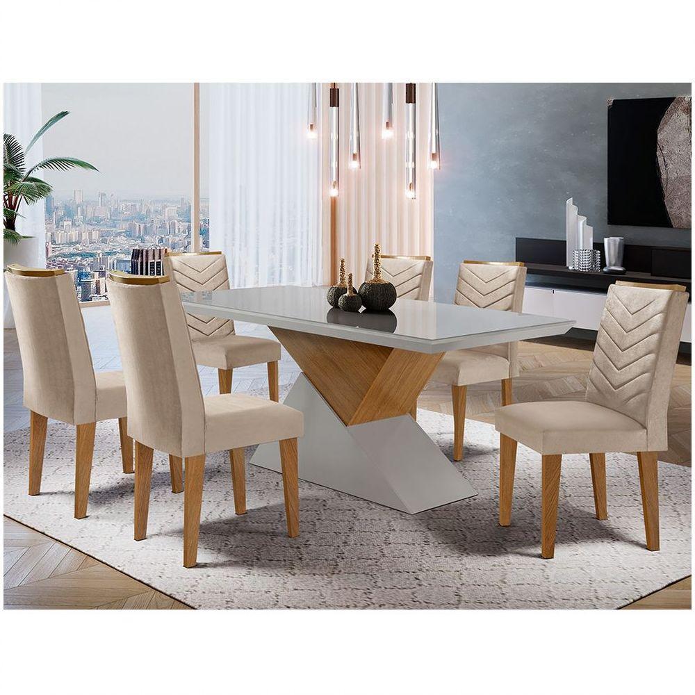 Mesa Tampo Mdf E Vidro Com 6 Cadeiras Creme/Off White/Imbuia - 1