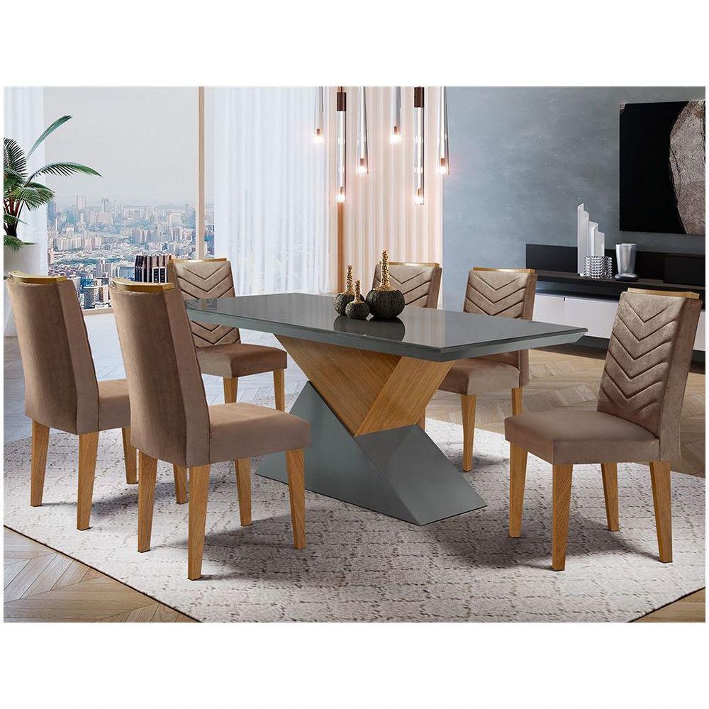 Mesa Tampo Mdf E Vidro 6 Cadeiras Marrom/Grafite/Imbuia - 2