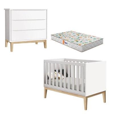 Conjunto Berço Americano New Classic MDF com Cômoda Gaveteiro e Colchão Espuma Branco