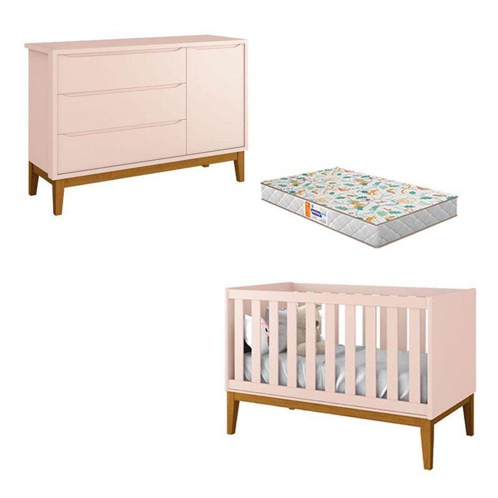 Berço Americano E Cômoda New Classic Rosa Com Pés Madeira E Colchão Gazin ? Reller - 1