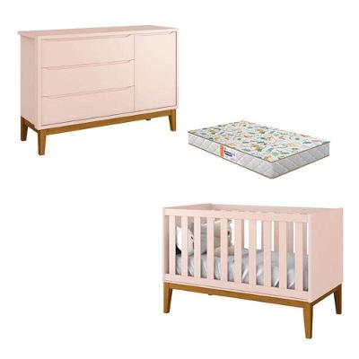 Berço Americano e Cômoda New Classic 1 Porta 3 Gavetas MDF 135 cm Rosa Reller