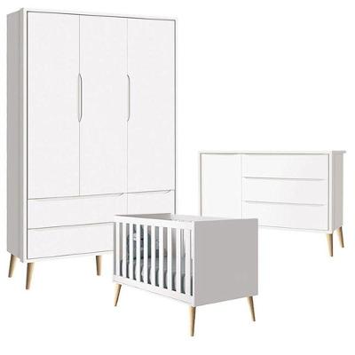 Quarto de Bebê Theo 3 Portas em MDF 133cm Branco Acetinado com Cômoda Reller