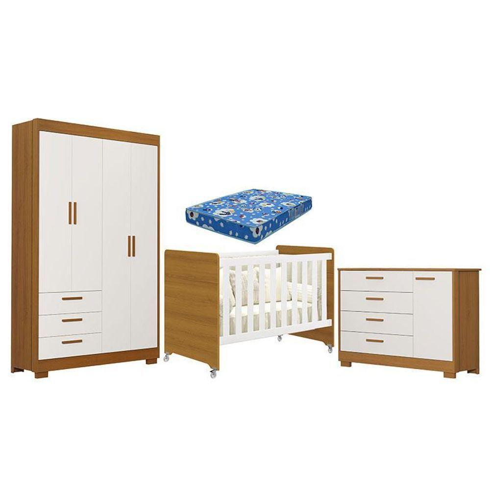 Quarto De Bebê Zaki E Berço Americano Evolution 4 Em 1 Branco Acetinado Savana Com Colchão Ortobom - Reller - 1