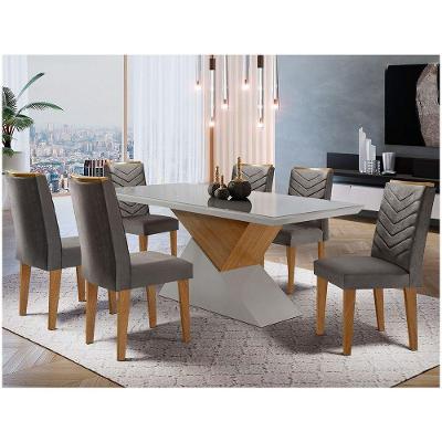 Mesa Tampo Mdf E Vidro 6 Cadeiras Grafite/Off White/Imbuia