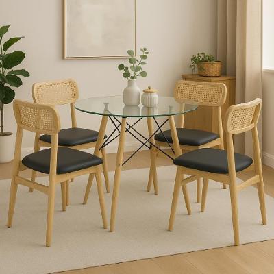 Conjunto De Mesa De Jantar Vidro 90cm Com 4 Cadeiras Rainer Em Palha Natural Design, Conforto E Sofisticação
