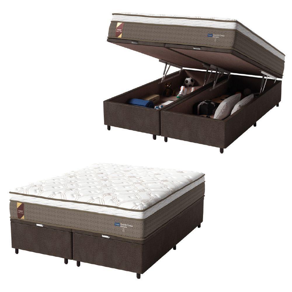 Cama Box Baú Casal Queen Colchão Molas Ensacadas Guarda Costas Alameda Probel 158x198x71cm Suede Marrom / Branco - 1