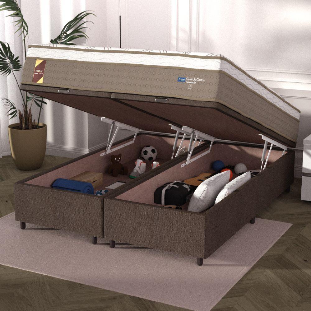 Cama Box Baú Casal Queen Colchão Molas Ensacadas Guarda Costas Alameda Probel 158x198x71cm Suede Marrom / Branco - 2