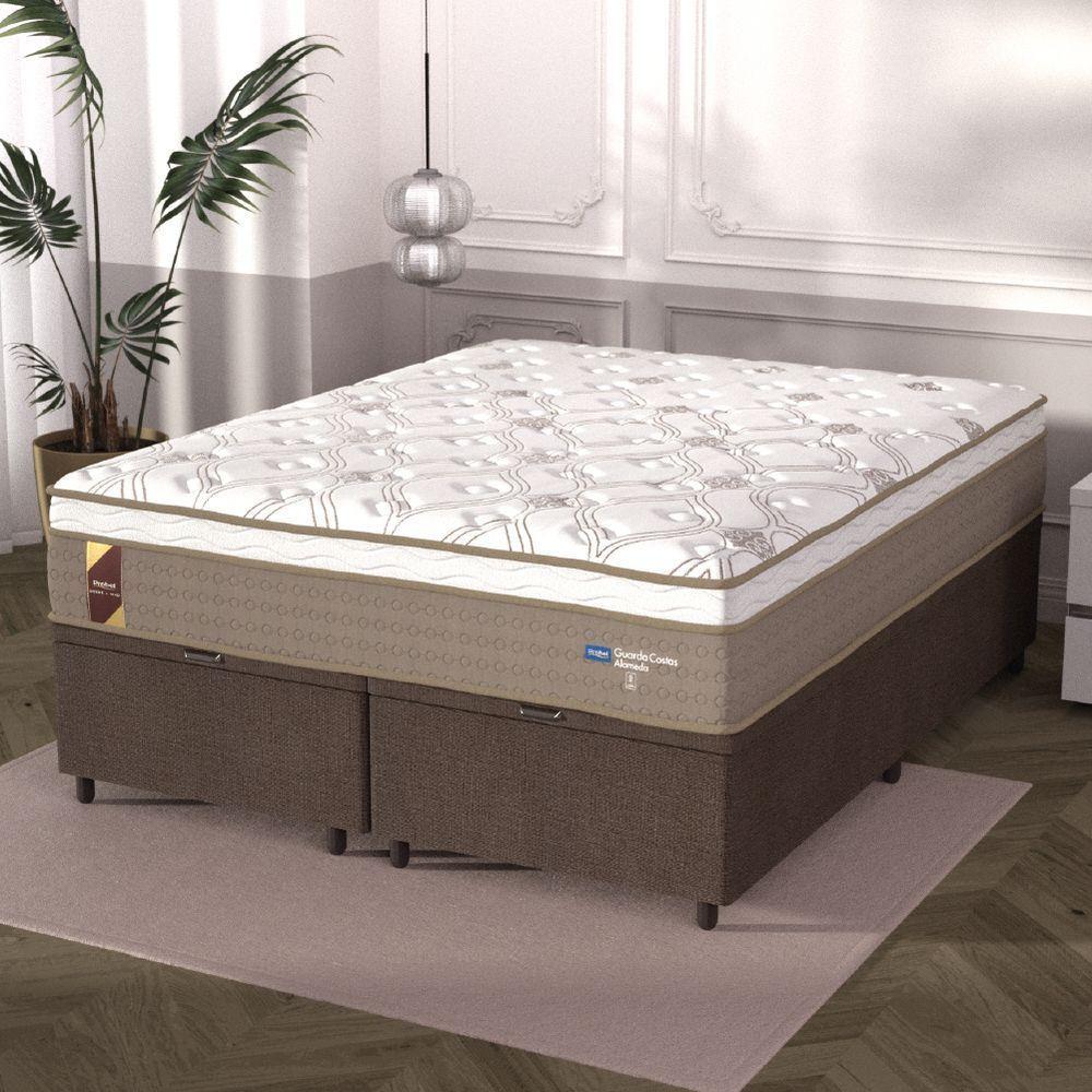 Cama Box Baú Casal Queen Colchão Molas Ensacadas Guarda Costas Alameda Probel 158x198x71cm Suede Marrom / Branco - 6