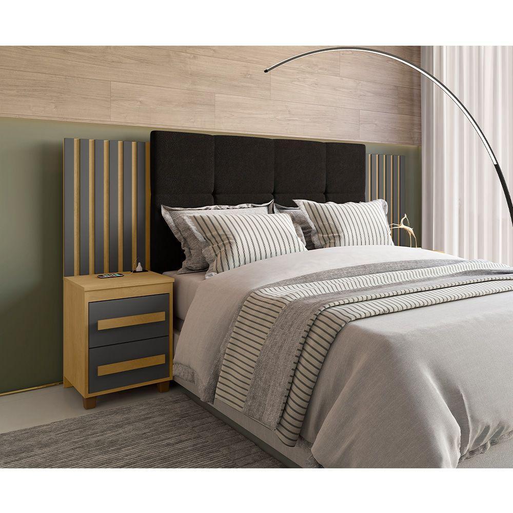 Cabeceira Casal Extensível Com 2 Mesas De Apoio Ripado Suiça Cinamomo/grafite - 1