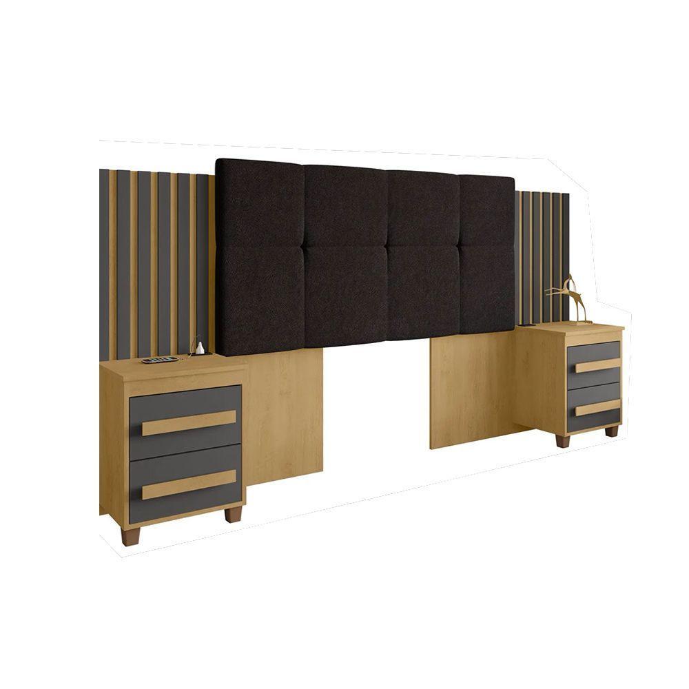 Cabeceira Casal Extensível Com 2 Mesas De Apoio Ripado Suiça Cinamomo/grafite - 2