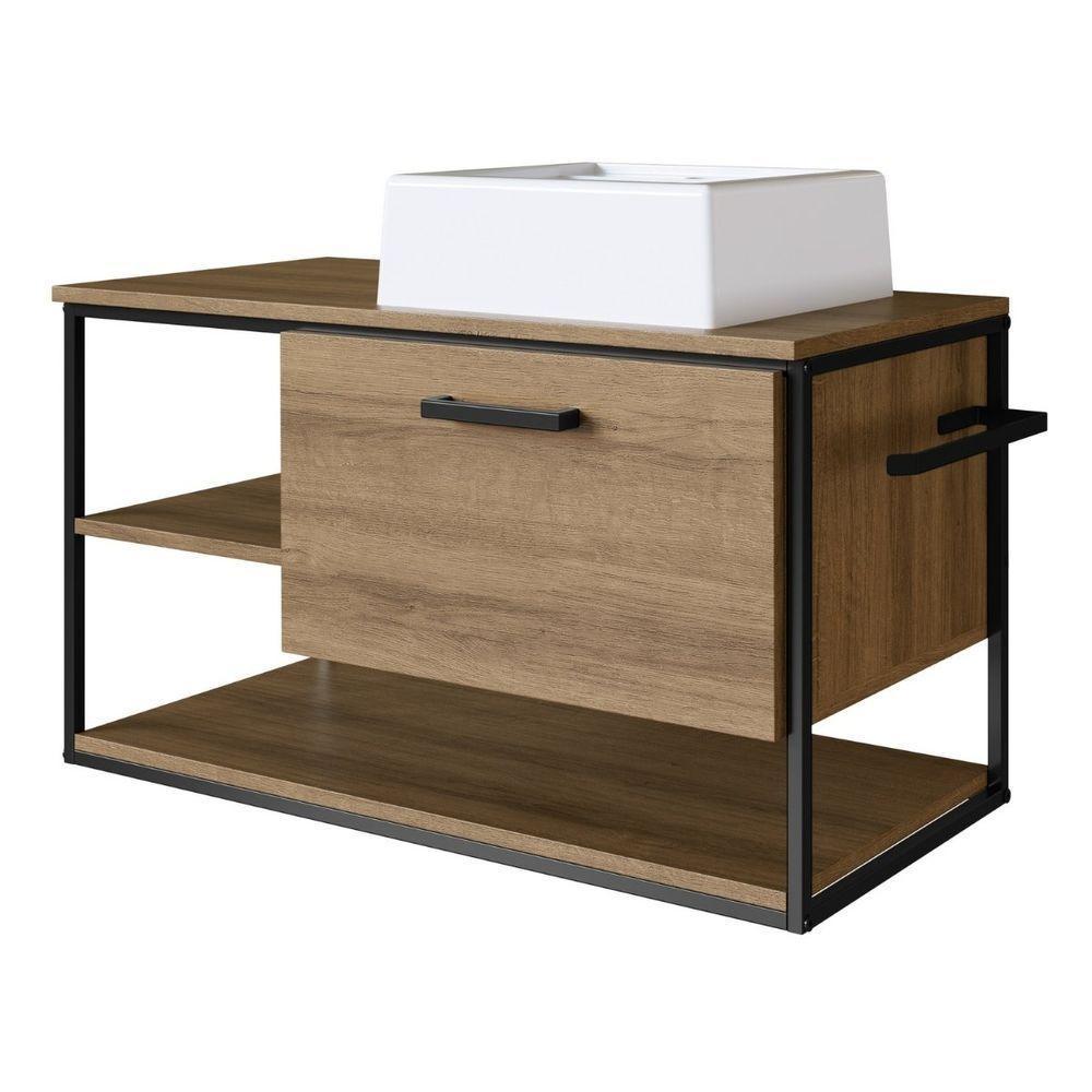 Gabinete Suspenso Para Banheiro Com Lavatório E Porta Basculante Mel - 4