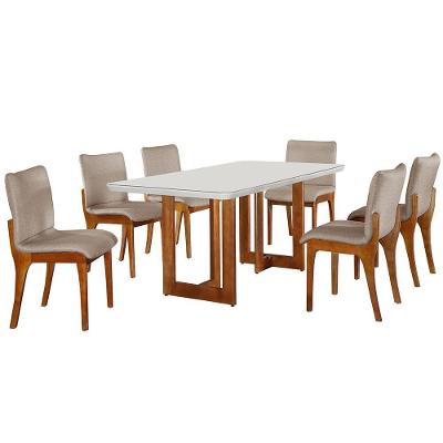 Sala De Jantar 180cm 6 Cadeiras Off White/imbuia /palha