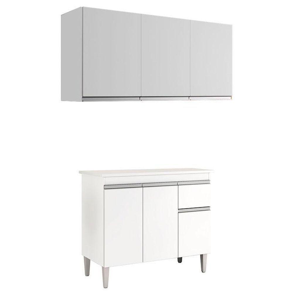 Balcão De Cozinha Tatiane Com Tampo 100cm E Armário Aéreo Andréia 3 Portas Branco Brilho - Ajl - 1