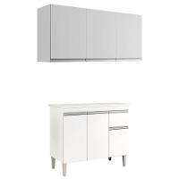 Balcão De Cozinha Tatiane Com Tampo 100cm E Armário Aéreo Andréia 3 Portas Branco Brilho - Ajl - 1