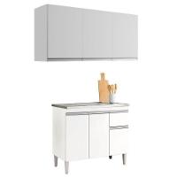 Balcão De Pia Tatiane 100cm E Armário Aéreo Andréia 3 Portas Branco Brilho - Ajl - 1