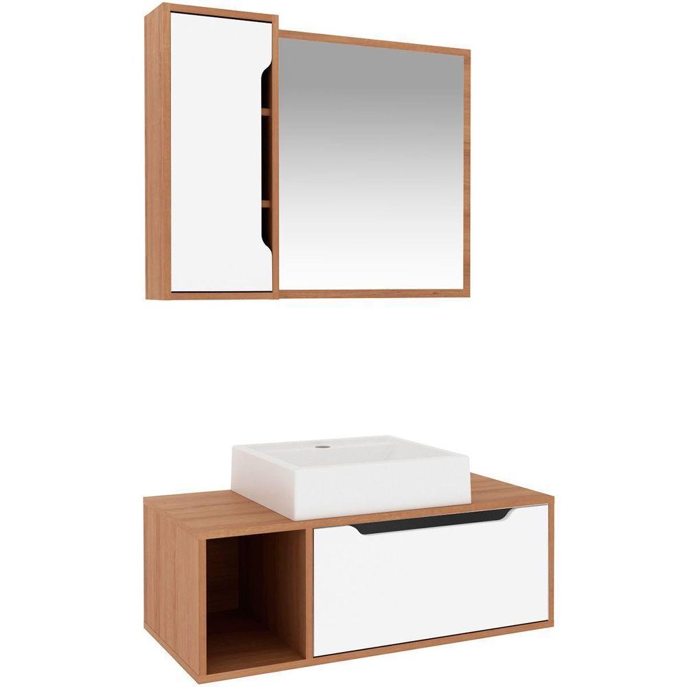 Kit Gabinete E Espelheira De Banheiro 80 Cm Com Cuba Karina Amêndoa-branco - 1