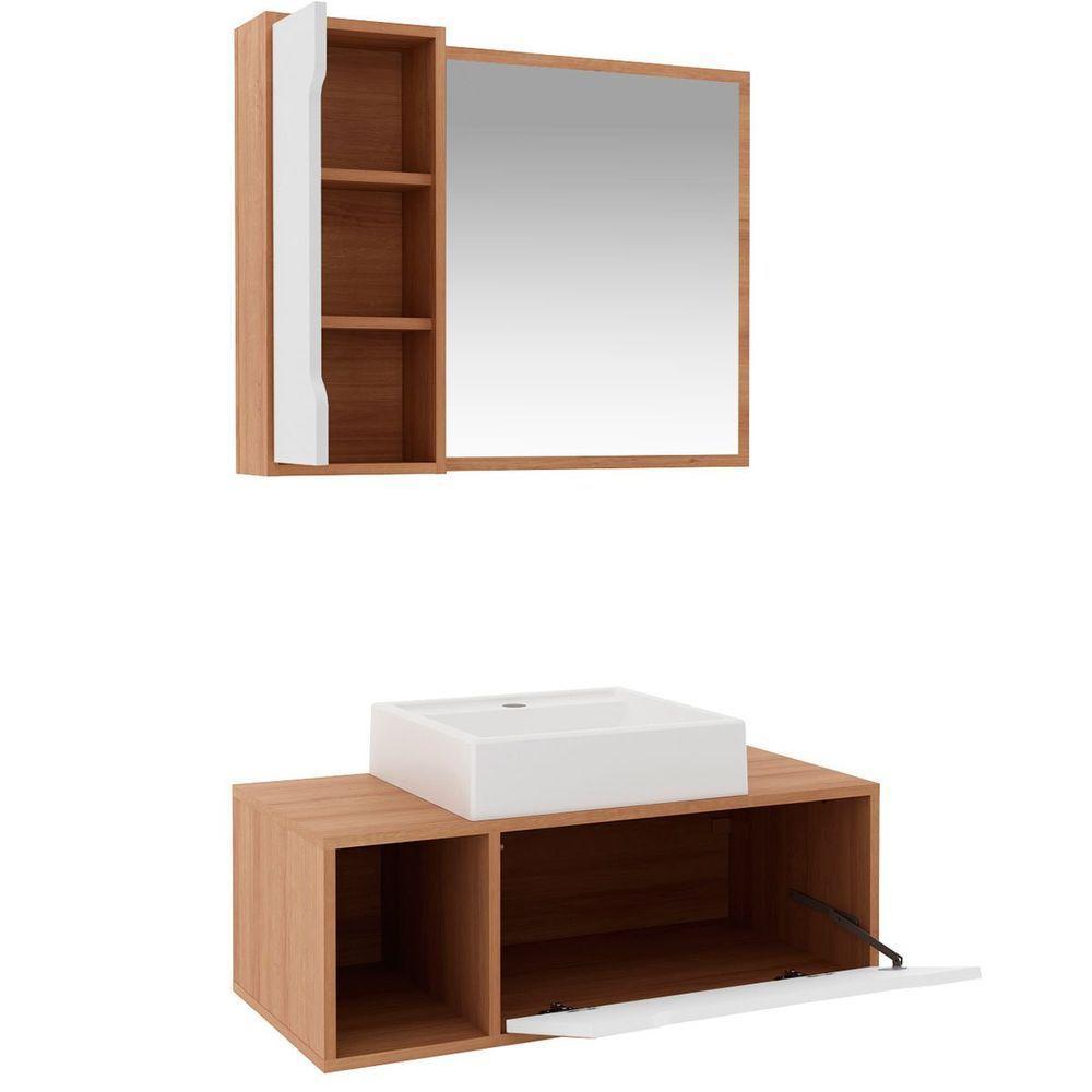 Kit Gabinete E Espelheira De Banheiro 80 Cm Com Cuba Karina Amêndoa-branco - 4