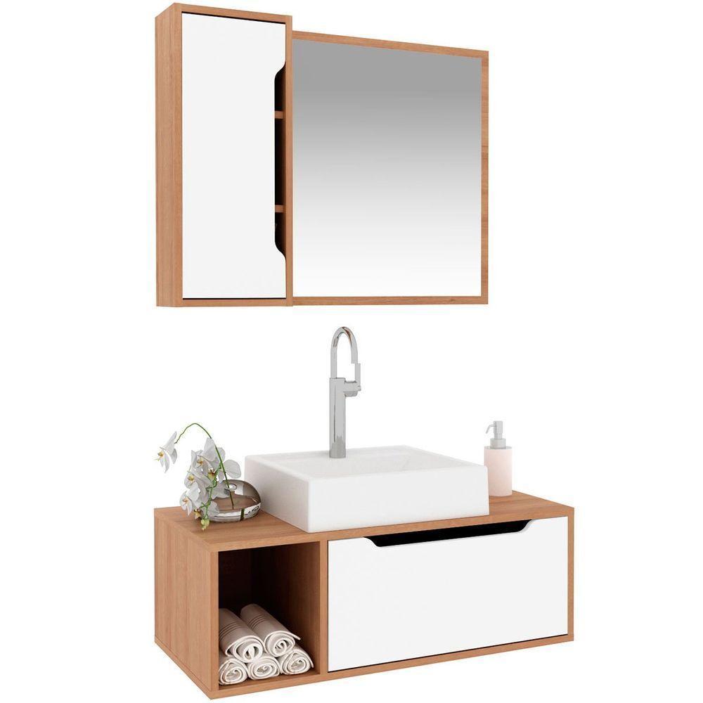 Kit Gabinete E Espelheira De Banheiro 80 Cm Com Cuba Karina Amêndoa-branco - 8