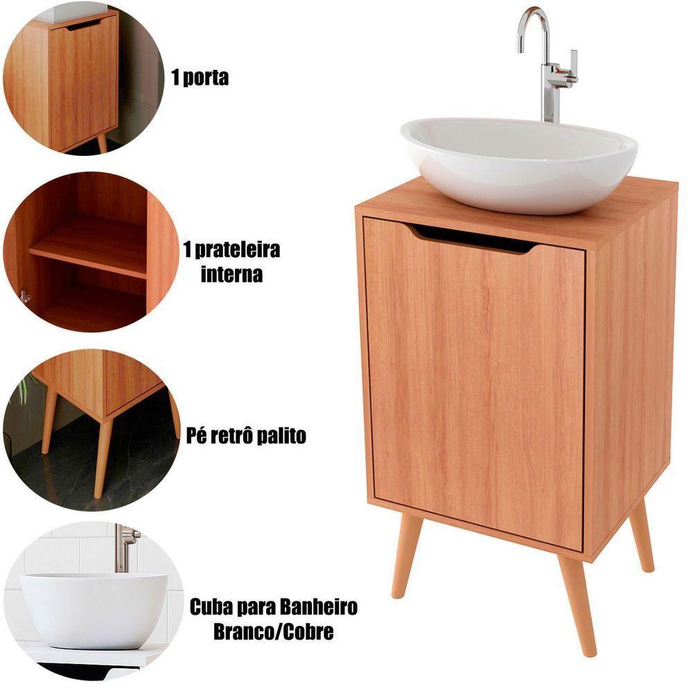 Gabinete Para Banheiro 45 Cm Cuba Redonda 1 Porta Retrô Amêndoa - 2
